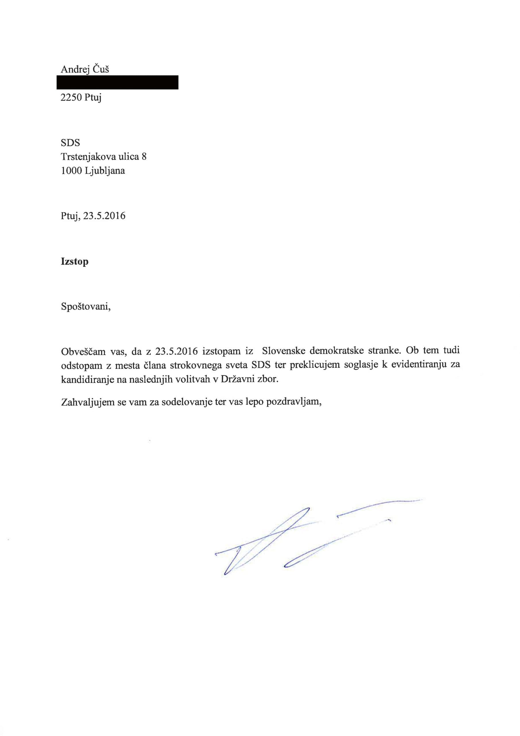 Objavljamo izstopno izjavo Andreja Čuša