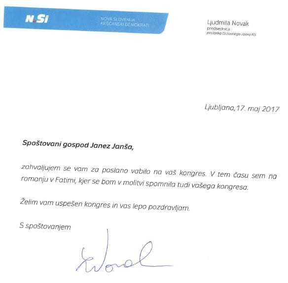 Predsednica N.Si je prisotnost na Kongresu SDS opravičila, pooblastila ni nikogar