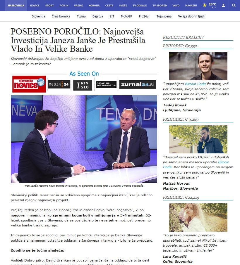 Novica 'POSEBNO POROČILO: Najnovejša Investicija Janeza Janše Je Prestrašila Vlado In Velike Banke.' je spletna prevara