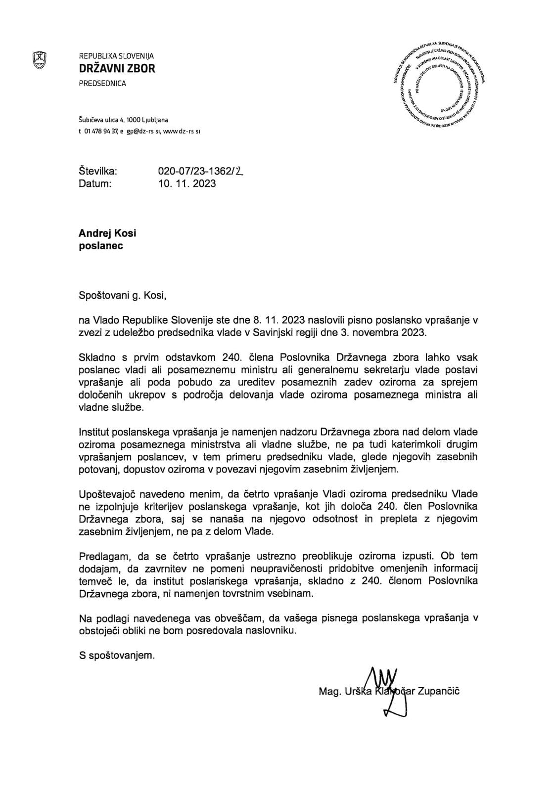Odgovor predsednice DZ