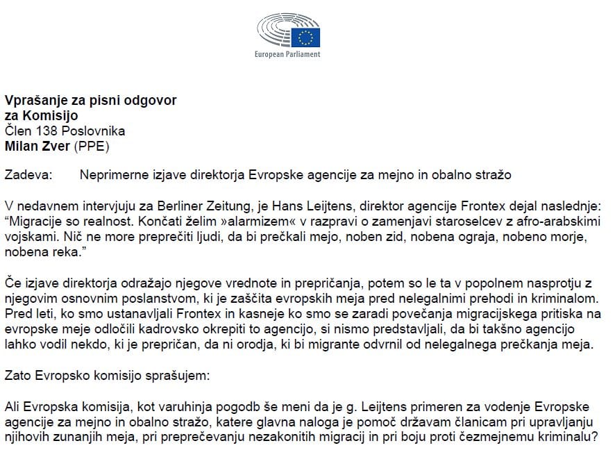 Poslansko vprašanje Milan ZVER Frontex