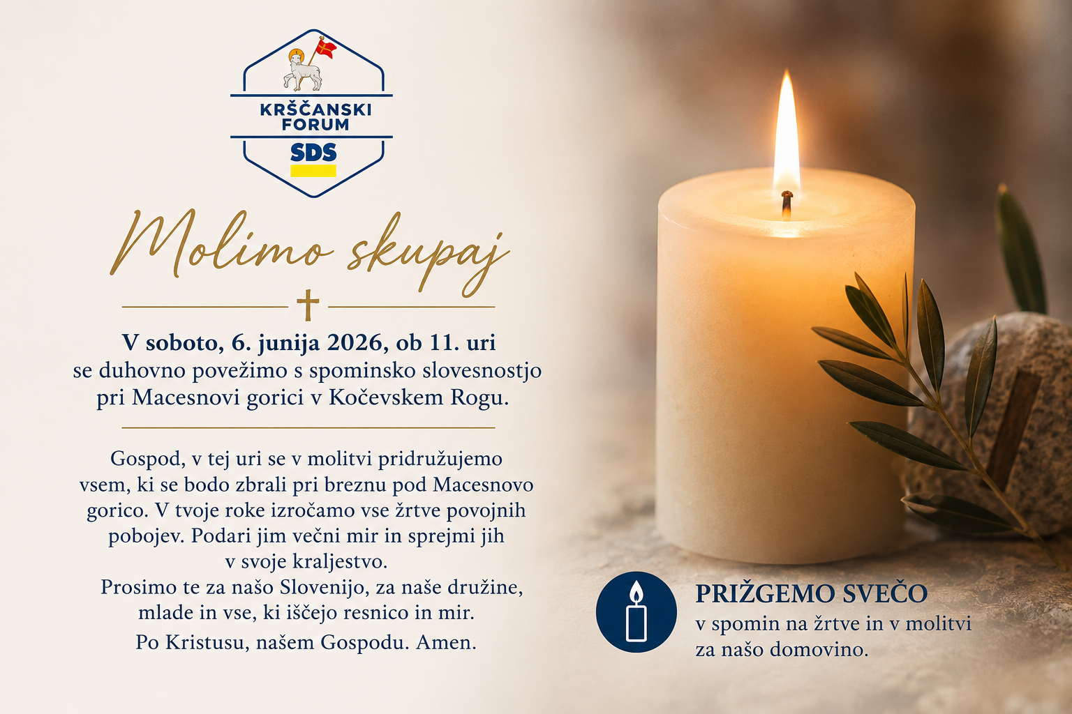 Krščanski forum SDS vabi k molitveni povezanosti ob spominski slovesnosti v Kočevskem Rogu